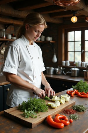 Chef in rustic kitchen, chopping vegetables, fresh herbs and spices, wooden cutting board, copper pots, warm lighting, hyper-realistic textures, dynamic shadows.

A chef stands in a rustic kitchen, carefully chopping fresh vegetables on a worn wooden cutting board,, Herbs and spices are laid out neatly beside them as they focus intently on preparing the meal,, Copper pots hang from exposed wooden beams above the counter
.
The chef is in the center of the image, concentrating on their work,, A chef in a white apron and a neat chef’s jacket,, Focused on their work, chopping vegetables with precision
.
The kitchen is warm and inviting, with visible textures in the wooden beams and countertops,, The copper pots reflect the soft lighting, adding to the cozy atmosphere
.
Hyper-realistic with a focus on the fine details of the fresh ingredients and the worn textures of the kitchen,, Warm lighting highlights the scene, casting dynamic shadows across the countertops and ingredients