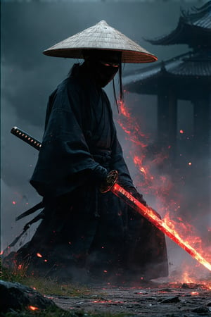 A captivating and enigmatic digital illustration features a shadowy figure, seemingly a warrior or samurai, kneeling amidst a dimly lit, foggy field. The character dons a wide-brimmed straw hat and a mysterious mask, concealing their identity. Their hand grips a magnificent sword with intricate engravings that emit a mesmerizing, fiery red aura. The background reveals a traditional, architectural structure—possibly a temple or shrine—bathed in the soft glow of floating embers or fireflies. The composition by Hans Darias exudes an eerie atmosphere, skillfully blending warm and cool tones to evoke a palpable sense of tension and expectation.