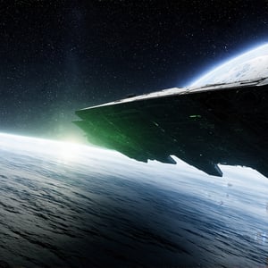 A wide-angle, cinematic shot showcasing more of a large, complex alien spaceship with strange curves and alien details. The ship's sleek, metallic surface features green and black highlights, reflecting the sun's light with vibrant color range and high contrast. A dense array of stars and galaxies, including the Milky Way, fills the black expanse of space. The forced perspective emphasizes the scale and detail of the ship, with the foreground showcasing intricate hull designs and alien textures, leading the eye to the celestial bodies. The wide-angle effect and dynamic color palette create an immersive, visually striking scene.