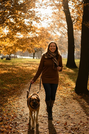 A woman in fall clothes, wearing a cozy sweater, scarf, and boots, walking a dog in a park. The park is filled with autumn leaves, golden and red hues, with sunlight filtering through the trees. The woman is smiling, holding the leash, as the dog trots happily beside her. The scene is framed with the park path in the foreground and trees in the background, creating a warm, inviting atmosphere.