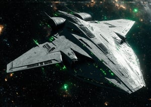 A wide-angle, cinematic shot showcasing more of a large, complex alien spaceship with strange curves and alien details. The ship's sleek, metallic surface features green and black highlights, reflecting the sun's light with vibrant color range and high contrast. A dense array of stars and galaxies, including the Milky Way, fills the black expanse of space. The forced perspective emphasizes the scale and detail of the ship, with the foreground showcasing intricate hull designs and alien textures, leading the eye to the celestial bodies. The wide-angle effect and dynamic color palette create an immersive, visually striking scene.