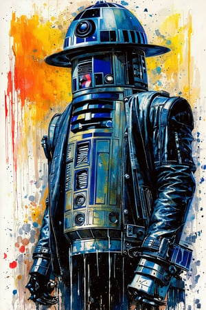 art by simon bisley, art by ralph steadman, art by vallejo, a masterpiece, stunning detail, (((R2D2 the droid))), supreme leader of the empire,  a proud figure, superior in power, knowledge and might, wearing a black panama hat and a black leather jacket, 