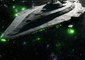 A wide-angle, cinematic shot showcasing more of a large, complex alien spaceship with strange curves and alien details. The ship's sleek, metallic surface features green and black highlights, reflecting the sun's light with vibrant color range and high contrast. A dense array of stars and galaxies, including the Milky Way, fills the black expanse of space. The forced perspective emphasizes the scale and detail of the ship, with the foreground showcasing intricate hull designs and alien textures, leading the eye to the celestial bodies. The wide-angle effect and dynamic color palette create an immersive, visually striking scene.