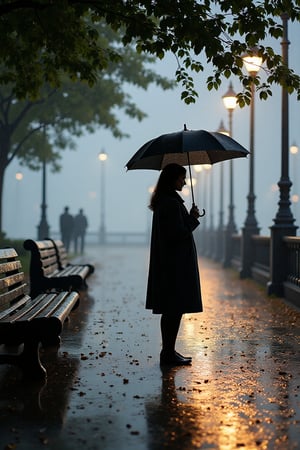 Rainy city park, woman with umbrella, wet pavement reflections, city lights, rain-soaked benches, hyper-realistic textures, cool muted colors.

A woman walks through a city park on a rainy day, holding a dark umbrella to shield herself from the drizzle,, The wet pavement glistens with reflections of the nearby streetlights and trees, adding depth to the scene,, The park benches and trees are soaked, with droplets of water clinging to every surface
.
The woman walks steadily through the park, calm and focused on her path,, A woman wearing a long coat and holding a dark umbrella,, Her expression is calm as she walks through the park
.
The surrounding trees and benches are wet from the rain, with visible droplets on every surface,, The reflection of city lights on the wet pavement creates a dynamic and vivid effect
.
Hyper-realistic with a focus on the reflections on the wet pavement and the detailed textures of the rain-soaked environment,, Cool, muted colors dominate the scene, adding to the rainy atmosphere
.
Hyper-realistic with dramatic lighting from the storm,, The castle’s stone walls are textured and weathered, with every crack visible in high detail,, The churning ocean and waves are lifelike in their movement, with detailed water textures and reflections from the lightning,, Cold, stormy tones dominate the scene, adding intensity and depth