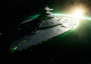 A wide-angle, cinematic shot showcasing more of a large, complex alien spaceship with strange curves and alien details. The ship's sleek, metallic surface features green and black highlights, reflecting the sun's light with vibrant color range and high contrast. A dense array of stars and galaxies, including the Milky Way, fills the black expanse of space. The forced perspective emphasizes the scale and detail of the ship, with the foreground showcasing intricate hull designs and alien textures, leading the eye to the celestial bodies. The wide-angle effect and dynamic color palette create an immersive, visually striking scene.