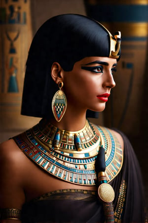 Stunning photo realistic picture of Cleopatra, straight-cut bob, black hair, bangs, ancient egyptian-style earrings and elaborate necklaces, egyptian eyeliner, red lips, side profile, lighting from one side, detailed eyes