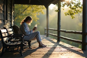 Rustic porch, morning coffee, woman in loungewear, weathered wooden planks, soft sunlight, steaming coffee mug, hyper-realistic textures, natural shadows.

A woman sits on a rustic wooden porch in the early morning,, She holds a simple ceramic coffee mug, steam rising from the hot coffee as she relaxes in the soft morning light,, The weathered planks of the porch reflect years of use, and the surrounding trees sway slightly in the breeze
.
The woman is seated in the foreground, gazing into the distance,, A woman dressed in comfortable loungewear,, Her hair is slightly tousled from the morning breeze,, She holds a ceramic coffee mug, savoring the warmth as she gazes out into the trees
.
The rustic porch is detailed with visible weathering, each plank showing unique grain and texture,, The surrounding trees and foliage are softly lit by the early morning sun, casting long shadows
.
Hyper-realistic with warm lighting from the morning sun,, Textures of the weathered porch wood and ceramic mug are highlighted,, The light creates soft shadows that add depth to the natural setting