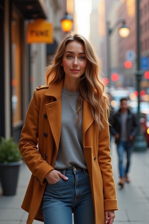 waist up photo of a woman in New York wearing casual clothes, The background is a city street. bokeh, blur, blurry background