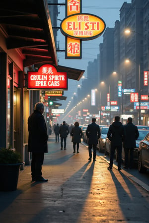 City street at dusk, neon signs glowing, businesspeople walking, streetlights turning on, cars parked, evening haze, hyper-realistic, sharp contrasts.
A busy city street during dusk, with neon signs beginning to glow as streetlights flicker on,, Pedestrians walk quickly past, their shadows stretching along the sidewalk as they hurry home from work,, Cars are parked along the street, their reflective surfaces catching the fading light
.
In the foreground, a man stands at the curb, looking at his watch,, People dressed in business attire, walking briskly along the sidewalk,, A man in a dark overcoat stands waiting at the curb, holding a briefcase
.
The street is lined with glowing neon signs and streetlights, their soft glow mixing with the last rays of daylight,, The atmosphere is slightly hazy, with the city’s energy building as evening settles in
.
Hyper-realistic with sharp contrasts between the neon lights and the fading natural light,, Detailed textures in the concrete sidewalk, brick buildings, and reflective car surfaces,, The evening haze adds a slightly diffused atmosphere