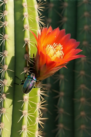 A close-up shot of a tall cactus in the desert, showcasing its intricate spines and a vibrant flower in full bloom. A small, native beetle crawls along the cactus, its iridescent shell glistening under the harsh sunlight. The composition highlights the detailed textures of the cactus, the delicate petals of the flower, and the beetle's intricate design, all set against the arid desert backdrop.