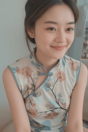 A young beautiful woman in a modernized cheongsam with a 1920s-inspired style sits on a wall, legs swinging playfully, upper body close-up revealing a sweet smile. Her hair is elegantly styled in a vintage 1920s updo. Soft natural lighting highlights her face, composition centered on her expressive eyes and gentle smile. The background features subtle Chinese elements, focusing attention on her serene expression and relaxed posture.,scute,miyu