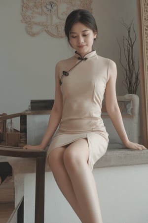 A young beautiful woman in a modernized cheongsam with a 1920s-inspired style sits on a wall, legs swinging playfully, upper body close-up revealing a sweet smile. Her hair is elegantly styled in a vintage 1920s updo. Soft natural lighting highlights her face, composition centered on her expressive eyes and gentle smile. The background features subtle Chinese elements, focusing attention on her serene expression and relaxed posture.,scute,yuyu,mimi