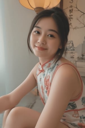 A young beautiful woman in a modernized cheongsam with a 1920s-inspired style sits on a wall, legs swinging playfully, upper body close-up revealing a sweet smile. Her hair is elegantly styled in a vintage 1920s updo. Soft natural lighting highlights her face, composition centered on her expressive eyes and gentle smile. The background features subtle Chinese elements, focusing attention on her serene expression and relaxed posture.,scute,miyu