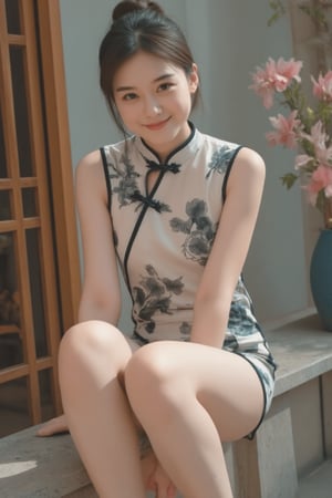 A young beautiful woman in a modernized cheongsam with a 1920s-inspired style sits on a wall, legs swinging playfully, upper body close-up revealing a sweet smile. Her hair is elegantly styled in a vintage 1920s updo. Soft natural lighting highlights her face, composition centered on her expressive eyes and gentle smile. The background features subtle Chinese elements, focusing attention on her serene expression and relaxed posture.,scute,miyu