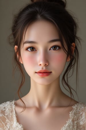 Photo of A  beautiful girl who's face is a perfect blend of French and Vietnam facial features. Soft facial features. Dress