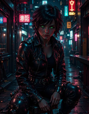 A close-up shot of a young woman with short, spiky hair and piercing green eyes, dressed in a black leather jacket and ripped jeans, sits confidently on a worn wooden stool amidst a dimly lit cyberpunk alleyway. Neuro implants visible beneath her skin, she gazes intensely at the viewer as neon lights reflected in her pupils cast an otherworldly glow.