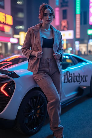 A stunning female character reminiscent of Syifa Hadju stands confidently in a neon-lit cyberpunk cityscape at night. She leans against a sleek, futuristic sports car branded with the lettering 'Syifa Hadju.' The scene captures ultra-detailed skin textures, visible pores, and subtle effects of wind brushing against her, all illuminated by sharp lights and deep shadows. Neon signs cast vibrant colors across her futuristic outfit, creating a striking contrast with the dark city skyline. The composition, featuring ray-tracing effects and DSLR-quality clarity, achieves an 8K, photorealistic masterpiece—worthy of an award."