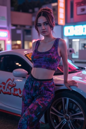 A stunning female character reminiscent of Syifa Hadju stands confidently in a neon-lit cyberpunk cityscape at night. She leans against a sleek, futuristic sports car branded with the lettering 'Syifa Hadju.' The scene captures ultra-detailed skin textures, visible pores, and subtle effects of wind brushing against her, all illuminated by sharp lights and deep shadows. Neon signs cast vibrant colors across her futuristic outfit, creating a striking contrast with the dark city skyline. The composition, featuring ray-tracing effects and DSLR-quality clarity, achieves an 8K, photorealistic masterpiece—worthy of an award."