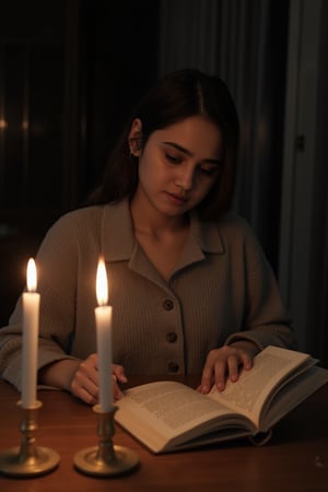 In a dimly lit room, a focused teenage girl Syifa Hadju finds solace as she reads an intriguing book placed before her on a wooden table. The flickering candlelight casts a warm, intimate glow across her face, highlighting her curiosity as she turns each page. On the table, a few more candles stand guard, their flames dancing and casting elongated shadows across the worn-out book cover. The atmosphere is hushed, with the only sound being the occasional crackle from the candles and the rustle of the pages. The soft illumination creates an ambience of quiet contemplation, as if the entire room has been swallowed by the stories she's exploring. Time seems to stand still, as the world outside the candlelight's embrace fades into the background of her literary adventure.