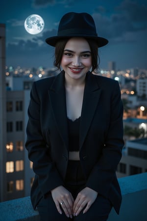 Very realistic and surreal artwork, dark night, thriller movie style, sitting on the roof of a high-rise building with knees folded, detailed and vivid night sky moon background, woman Syifa Hadju with black fedora pulled down deep to eyebrows, oriental, vampire with pale skin, shining stars in delicate gray eyes, 3-piece suit, (emphasis on dark circles contrasting with pale skin, happy expression_vampire fangs visible between scarlet lips: 1.2), superb quality, very detailed and delicate detail description: 1.2