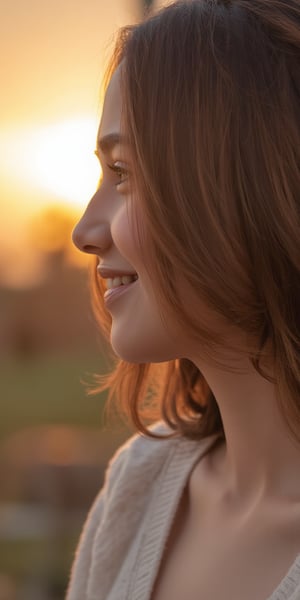 A close-up of a woman Syifa Hadju with natural grace, her face turned slightly to the side, her features highlighted by soft, warm light, and her hair softly braided, set against a blurred sunset scene.