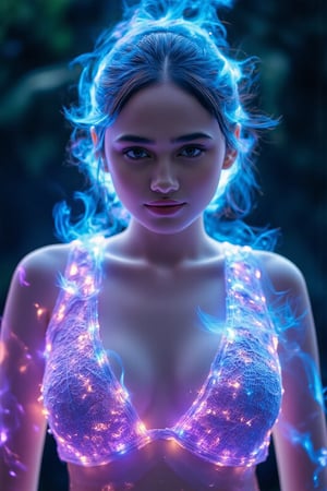 Assymetrical front view, representation close-up of a sexy female fighter Syifa Hadju, surrounded by blue and purple flames. The flames flickered in the sunlight, creating a mysterious and dreamlike scene, as if she had been transformed by energy from the stars. The blue flame shines brightly, symbolizing calmness and wisdom, while the purple flame emits a mysterious and extraordinary aura. Her body appeared even more resolute in the flames, as if every strand of flame was injecting strength into her, accompanying her to face the upcoming challenges. At this moment, she is the embodiment of strength and light, ready to defeat darkness in battle.