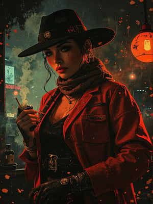 A mysterious femme fatale samurai cowboy stands out against the smoky darkness, her fashionable scarf and cowboy ensemble illuminated by a single, flickering cigarette lighter's glow. Soft focus and dramatic shadows converge to create a moody ambiance.

Illustrate a confident female samurai in a sleek, modern red kimono, blending tradition and mystery. She stands in a dimly lit bar, framed by the soft glow of neon lights reflecting in a rain-soaked window. Holding a katana in one hand and a cigarette in the other, smoke curls upward toward flickering shadows.

Capture her enigmatic expression as she whispers on her embossed cursive hat, amidst the city's gritty nightlife. Incorporate swirling smoke, cherry blossoms scattered at her feet, and subtle red glow reflecting off her katana blade.