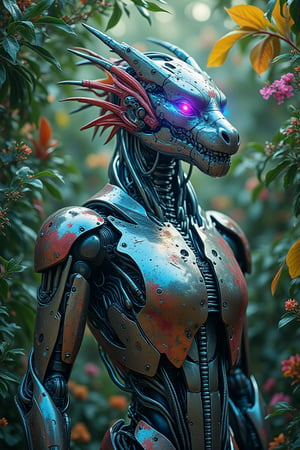 A sleek, futuristic Dragon cyborg stands amidst a dense, vibrant rainforest. The dragon cyborg's metallic body glistens with reflections of neon lights filtering through the thick canopy. Surrounding the  dragon cyborg, the foliage is painted with dynamic, impressionistic brush strokes, and splashes of paint create a sense of movement and energy. The scene is alive with the sounds of exotic birds and the rustling of leaves, adding to the ethereal atmosphere.,Hyper-realistic