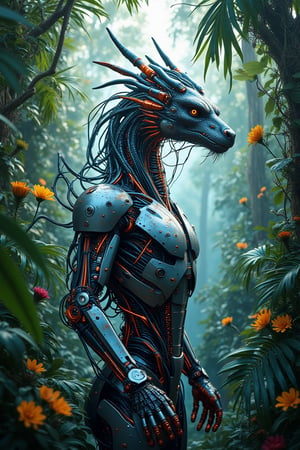 A sleek, futuristic Dragon cyborg stands amidst a dense, vibrant rainforest. The dragon cyborg's metallic body glistens with reflections of neon lights filtering through the thick canopy. Surrounding the  dragon cyborg, the foliage is painted with dynamic, impressionistic brush strokes, and splashes of paint create a sense of movement and energy. The scene is alive with the sounds of exotic birds and the rustling of leaves, adding to the ethereal atmosphere.,Hyper-realistic