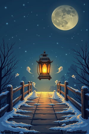 The magic lantern on the bridge is an ancient lantern in the center of the bridge, illuminating the night scene. Small ghostly creatures hover around the lantern, creating a mysterious glow in the cold air