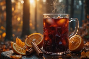 Steaming mug of mulled wine on the left, with cinnamon sticks and orange slices, autumn forest in the background, early morning