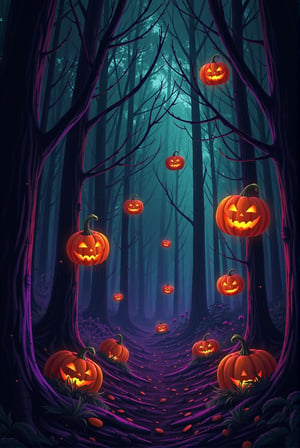 The forest with flying glowing pumpkins is a dark forest where pumpkins seem to float in the air, glowing with mysterious purple and green light. Sparkling cobwebs can be seen among the trees