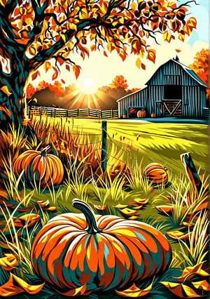 PUMPKIN, A rustic scene unfolds: a pumpkin lies flat on the grassy verge of a weathered barn, its vibrant orange hue juxtaposed against the earthy tones of the surrounding landscape. The door of the barn creaks open, casting a warm glow onto the ground as the setting sun dips below the horizon.