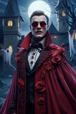 blend of real and illustration elements_CHLO, surrounded by the colorful text Halloween,Halloween themed,a handsome vampires man,fashion red vampire look,sunglasses,standing in front of a castle,moon,at night,dramatic light,Halloween,illustration elements of spider web,and cartoon ghosts,(masterpiece),ultra-detailed,best quality,8K,High-resolution,Extremely sharp detail without blurring,extremely intricate detail,extremely realistic,Award-winning artwork,Vshorror