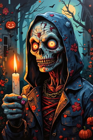 Masterpiece, graffiti artwork, halloween theme about a very very creepy zombie and candle, high quality, 8K resolution.