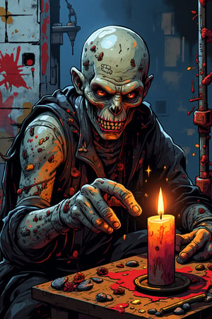 Masterpiece, graffiti artwork, halloween theme about a very very creepy zombie and candle, high quality, 8K resolution.