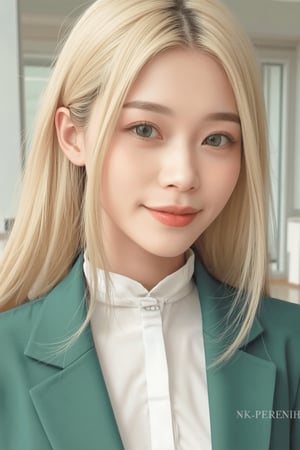 girl with long platinum blond hair in green blazer and white blouse, azure eyes, shy smile, in the style of hyper-realistic atmospheres, anime aesthetic, dotted, fenghua zhong, close up, light gold and dark emerald, 32k uhd,ini,scute