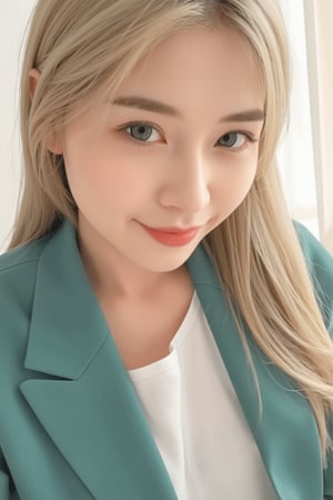 girl with long platinum blond hair in green blazer and white blouse, azure eyes, shy smile, in the style of hyper-realistic atmospheres, anime aesthetic, dotted, fenghua zhong, close up, light gold and dark emerald, 32k uhd,ini,scute