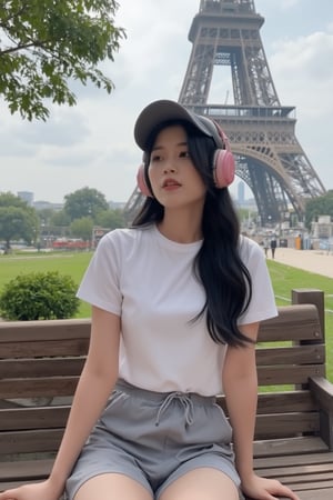 Master piece, generate image of a Girl with headphones, cap, dreamy expression, sitting a bench in the gardens of the Eiffel tower, training wear, t-shirt and sport shorts, (ultra detailed perfect piece:1.2), illustration, masterpiece, (extremely detailed CG 8k), (very fine 8K CG), (1girl:1.2), (dark hair), long hair, wavy hair, hair over one eye, sparkling, light blue eyes, looking at side,