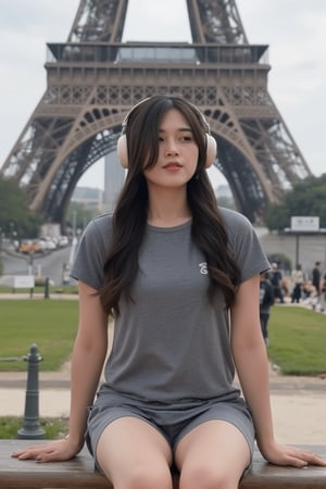 Master piece, generate image of a Girl with headphones, cap, dreamy expression, sitting a bench in the gardens of the Eiffel tower, training wear, t-shirt and sport shorts, (ultra detailed perfect piece:1.2), illustration, masterpiece, (extremely detailed CG 8k), (very fine 8K CG), (1girl:1.2), (dark hair), long hair, wavy hair, hair over one eye, sparkling, light blue eyes, looking at side,