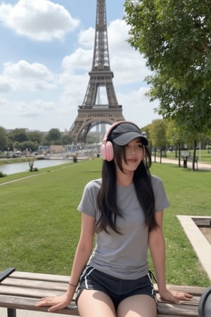 Master piece, generate image of a Girl with headphones, cap, dreamy expression, sitting a bench in the gardens of the Eiffel tower, training wear, t-shirt and sport shorts, (ultra detailed perfect piece:1.2), illustration, masterpiece, (extremely detailed CG 8k), (very fine 8K CG), (1girl:1.2), (dark hair), long hair, wavy hair, hair over one eye, sparkling, light blue eyes, looking at side,scute