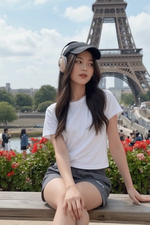 Master piece, generate image of a Girl with headphones, cap, dreamy expression, sitting a bench in the gardens of the Eiffel tower, training wear, t-shirt and sport shorts, (ultra detailed perfect piece:1.2), illustration, masterpiece, (extremely detailed CG 8k), (very fine 8K CG), (1girl:1.2), (dark hair), long hair, wavy hair, hair over one eye, sparkling, light blue eyes, looking at side,scute