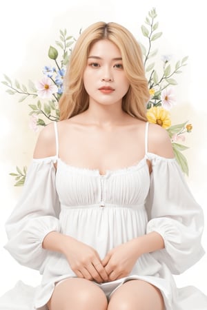 masterpiece, top quality, best quality, official art, beautiful and aesthetic:1.2), extreme detailed. 1 girl, long blonde hair, flowers and leaves entwined within her tresses, shades of white and yellow, wearing white top, ruffled detailing, embroidered pastel color floral chest motif, sleeves billowing at shoulders, tapering to wrists, hands clasped, soft and delicate aesthetic, intricate details in hair and clothing, light-hued background, subject focused, digital painting,more detail XL,watercolor \(medium\), in the style of esao andrews,