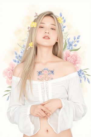 masterpiece, top quality, best quality, official art, beautiful and aesthetic:1.2), extreme detailed. 1 girl, long blonde hair, flowers and leaves entwined within her tresses, shades of white and yellow, wearing white top, ruffled detailing, embroidered pastel color floral chest motif, sleeves billowing at shoulders, tapering to wrists, hands clasped, soft and delicate aesthetic, intricate details in hair and clothing, light-hued background, subject focused, digital painting,more detail XL,watercolor \(medium\), in the style of esao andrews,ini,scute