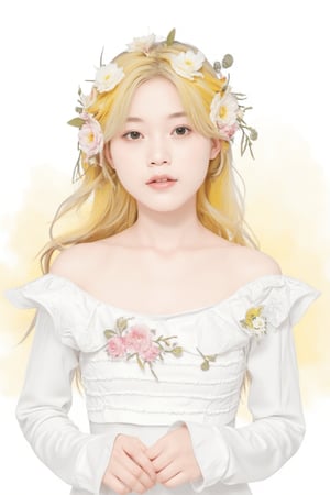 masterpiece, top quality, best quality, official art, beautiful and aesthetic:1.2), extreme detailed. 1 girl, long blonde hair, flowers and leaves entwined within her tresses, shades of white and yellow, wearing white top, ruffled detailing, embroidered pastel color floral chest motif, sleeves billowing at shoulders, tapering to wrists, hands clasped, soft and delicate aesthetic, intricate details in hair and clothing, light-hued background, subject focused, digital painting,more detail XL,watercolor \(medium\), in the style of esao andrews,ini,scute