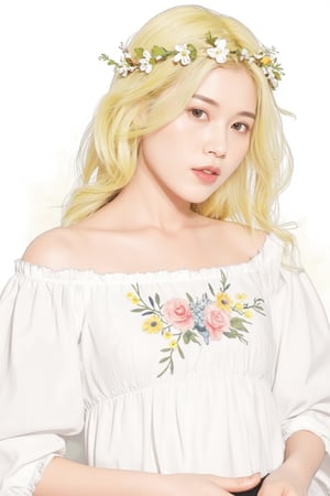 masterpiece, top quality, best quality, official art, beautiful and aesthetic:1.2), extreme detailed. 1 girl, long blonde hair, flowers and leaves entwined within her tresses, shades of white and yellow, wearing white top, ruffled detailing, embroidered pastel color floral chest motif, sleeves billowing at shoulders, tapering to wrists, hands clasped, soft and delicate aesthetic, intricate details in hair and clothing, light-hued background, subject focused, digital painting,more detail XL,watercolor \(medium\), in the style of esao andrews,