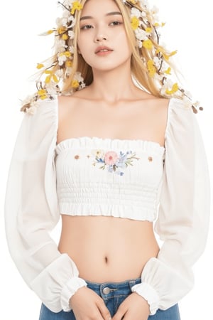 masterpiece, top quality, best quality, official art, beautiful and aesthetic:1.2), extreme detailed. 1 girl, long blonde hair, flowers and leaves entwined within her tresses, shades of white and yellow, wearing white top, ruffled detailing, embroidered pastel color floral chest motif, sleeves billowing at shoulders, tapering to wrists, hands clasped, soft and delicate aesthetic, intricate details in hair and clothing, light-hued background, subject focused, digital painting,more detail XL,watercolor \(medium\), in the style of esao andrews,ini,scute