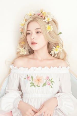 masterpiece, top quality, best quality, official art, beautiful and aesthetic:1.2), extreme detailed. 1 girl, long blonde hair, flowers and leaves entwined within her tresses, shades of white and yellow, wearing white top, ruffled detailing, embroidered pastel color floral chest motif, sleeves billowing at shoulders, tapering to wrists, hands clasped, soft and delicate aesthetic, intricate details in hair and clothing, light-hued background, subject focused, digital painting,more detail XL,watercolor \(medium\), in the style of esao andrews,ini,scute