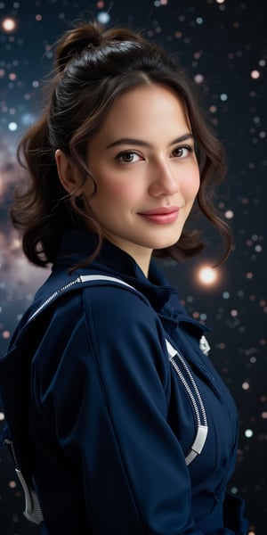 A woman PevitaPearce with warm brown eyes and a gentle smile, her wavy hair appearing to blend with the starry backdrop. She wears a sleek, deep blue spacesuit with subtle silver designs. The background features a softly glowing galaxy and distant star clusters.