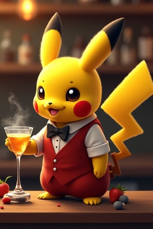 Pikachu as a barman, prepare a drink, bar venue, ultra detailed